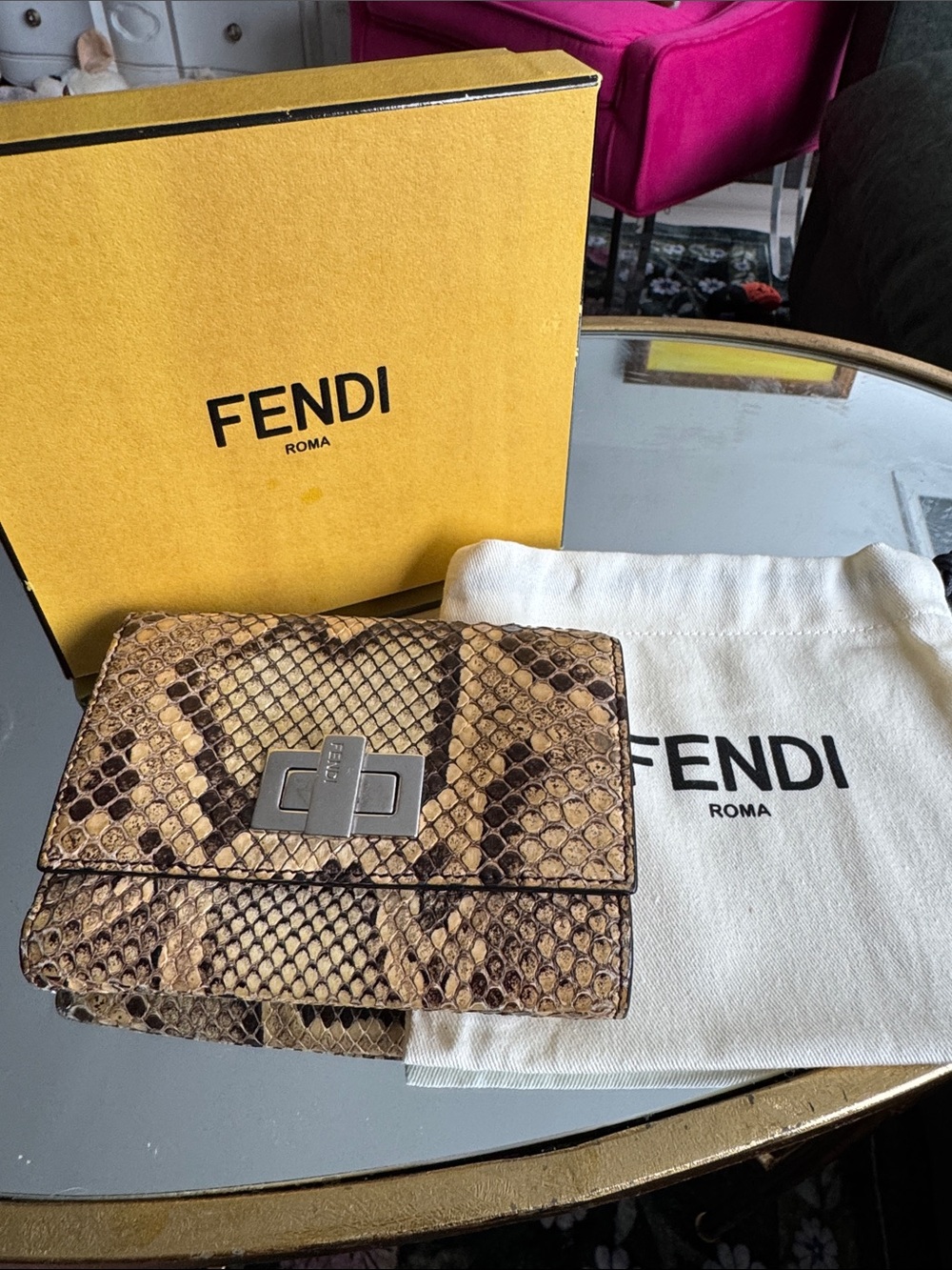 Fendi Python Wallet in Brown and Tan peekaboo compact wallet Silver Hardware